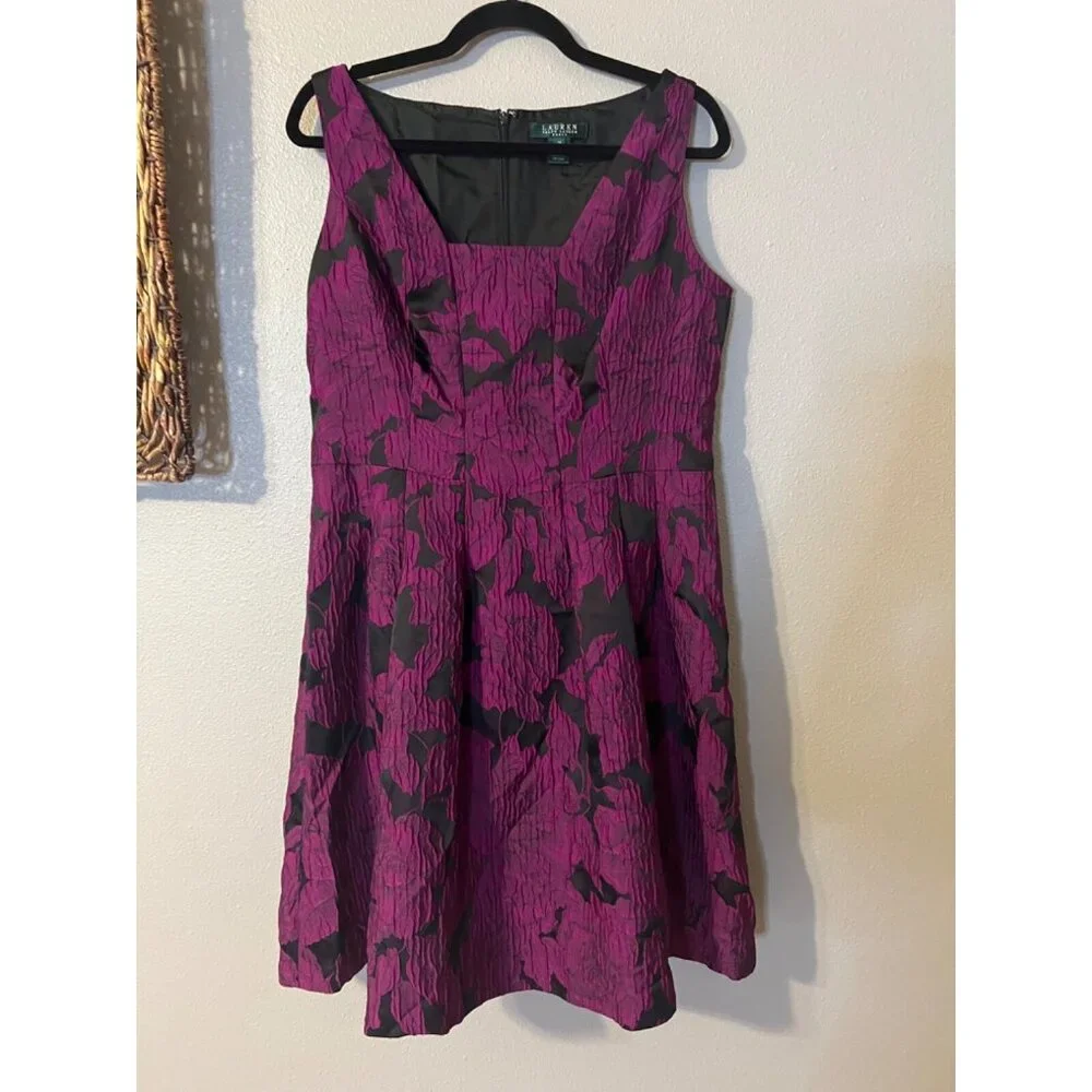 Ralph Lauren A Line Jacquard Dress 14 Pink Black Sleeveless Party Wedding - Picture 10 of 13